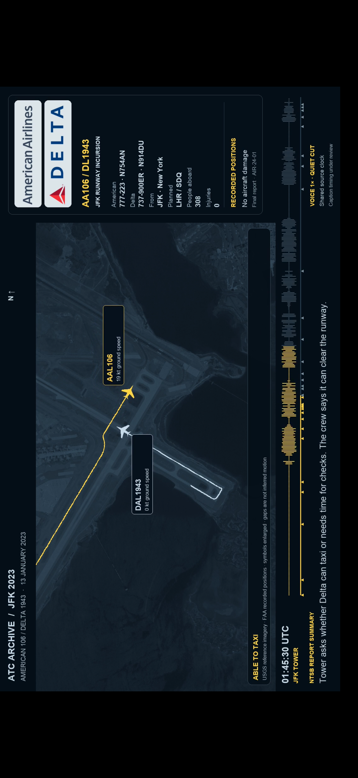 Native iPhone landscape playback screenshot of the JFK runway conflict, with original FAA radio, measured tracks and event markers.