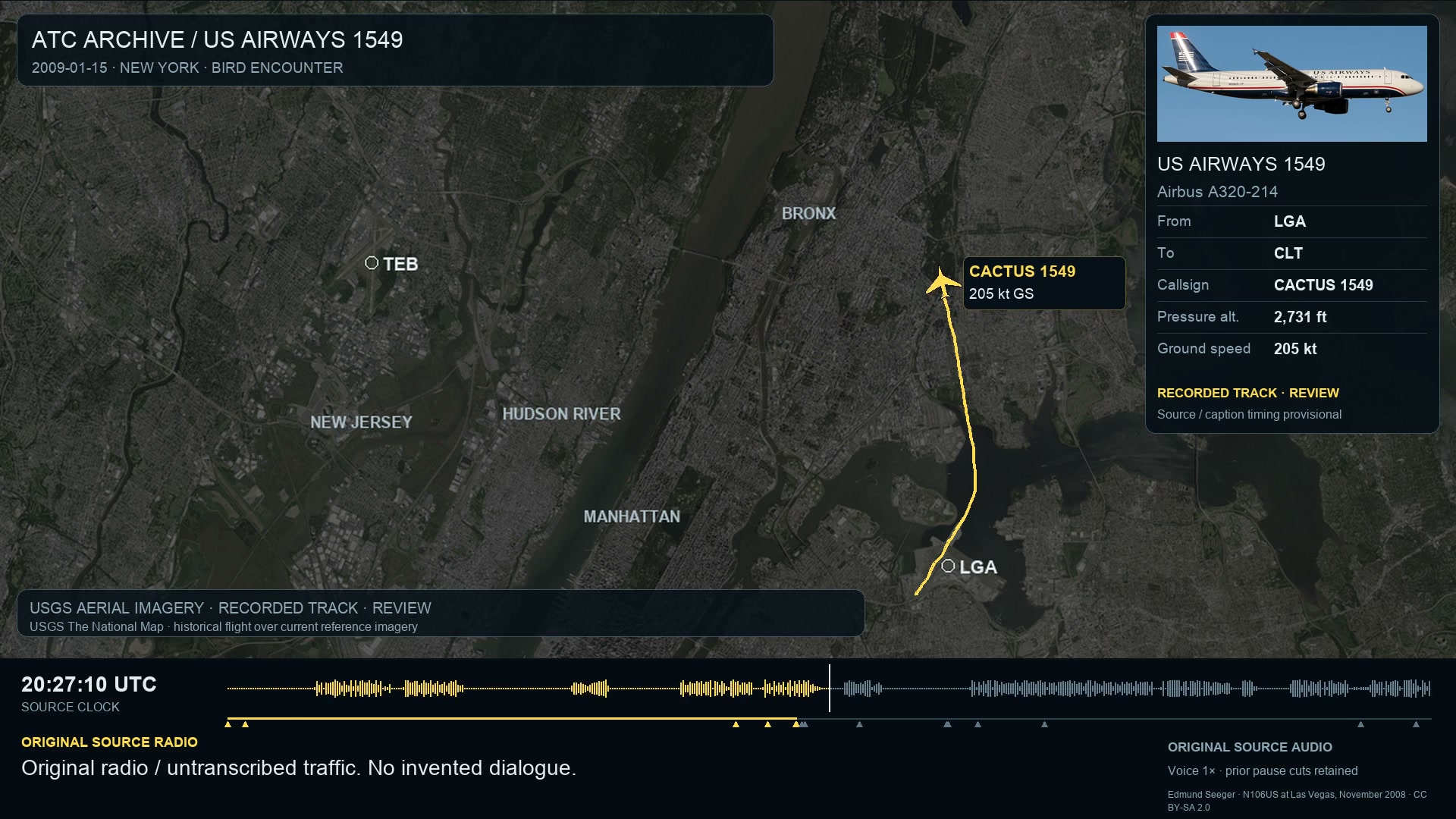 Actual US Airways 1549 review frame with a yellow recorded flight path over New York aerial imagery, source time and English captions.